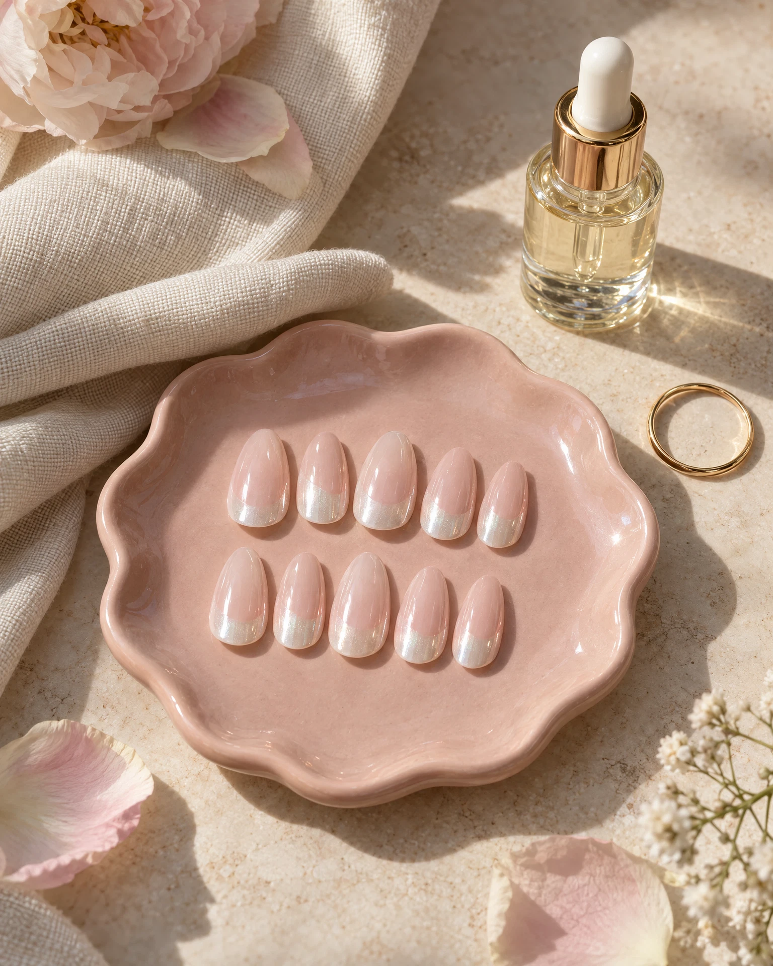 Press-on nail design details on a ceramic tray