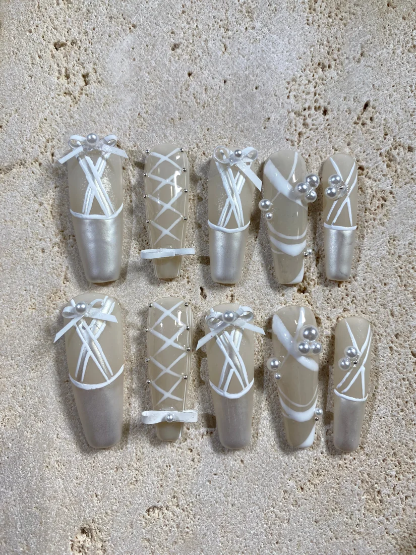 White Ballerina Press On Nails detail 4