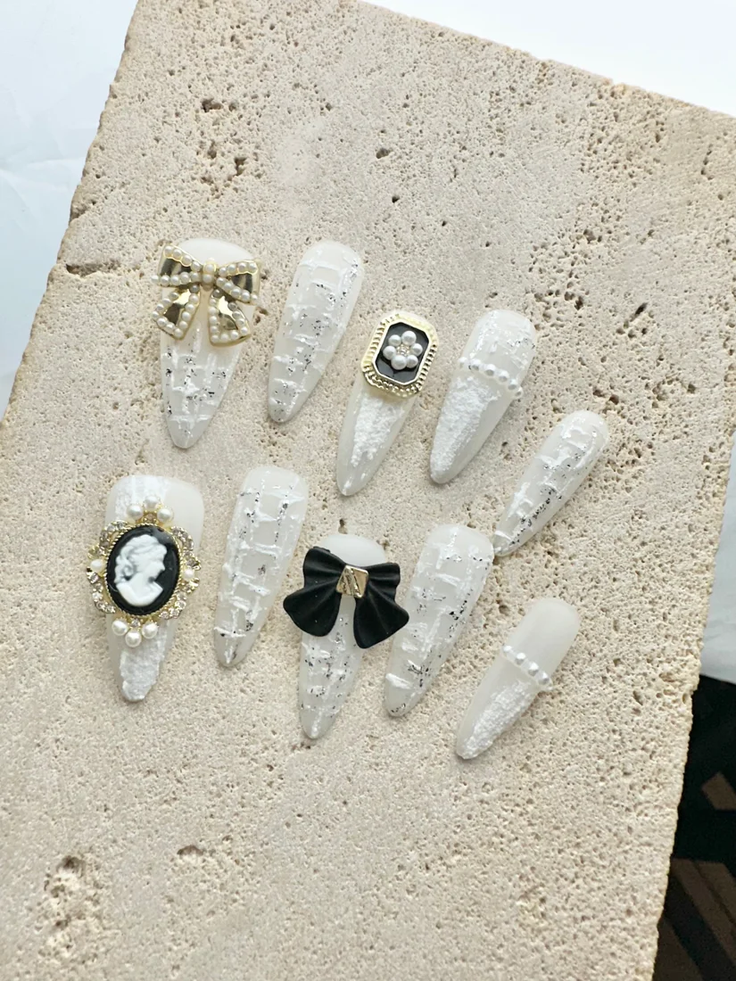 Royal Plaid Press On Nails — White detail 4