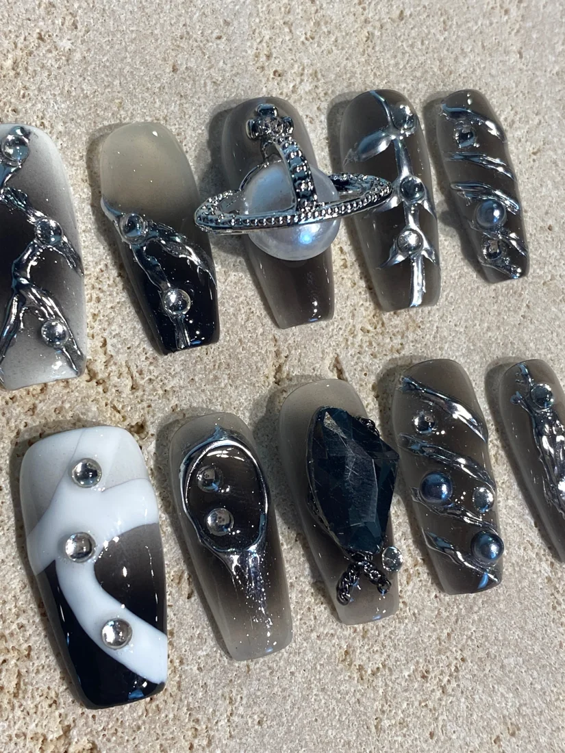 Y2K Silver Space Press On Nails detail 5