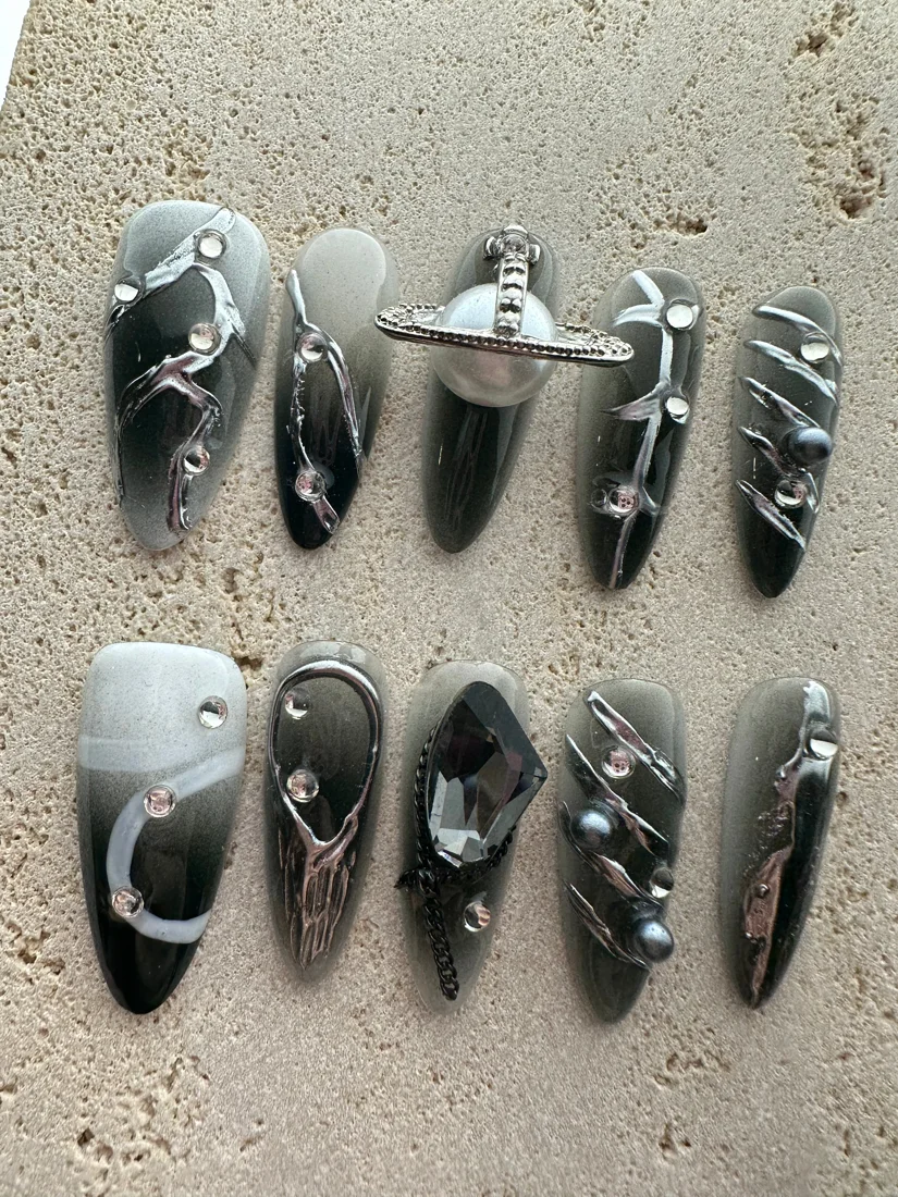 Y2K Silver Space Press On Nails detail 2