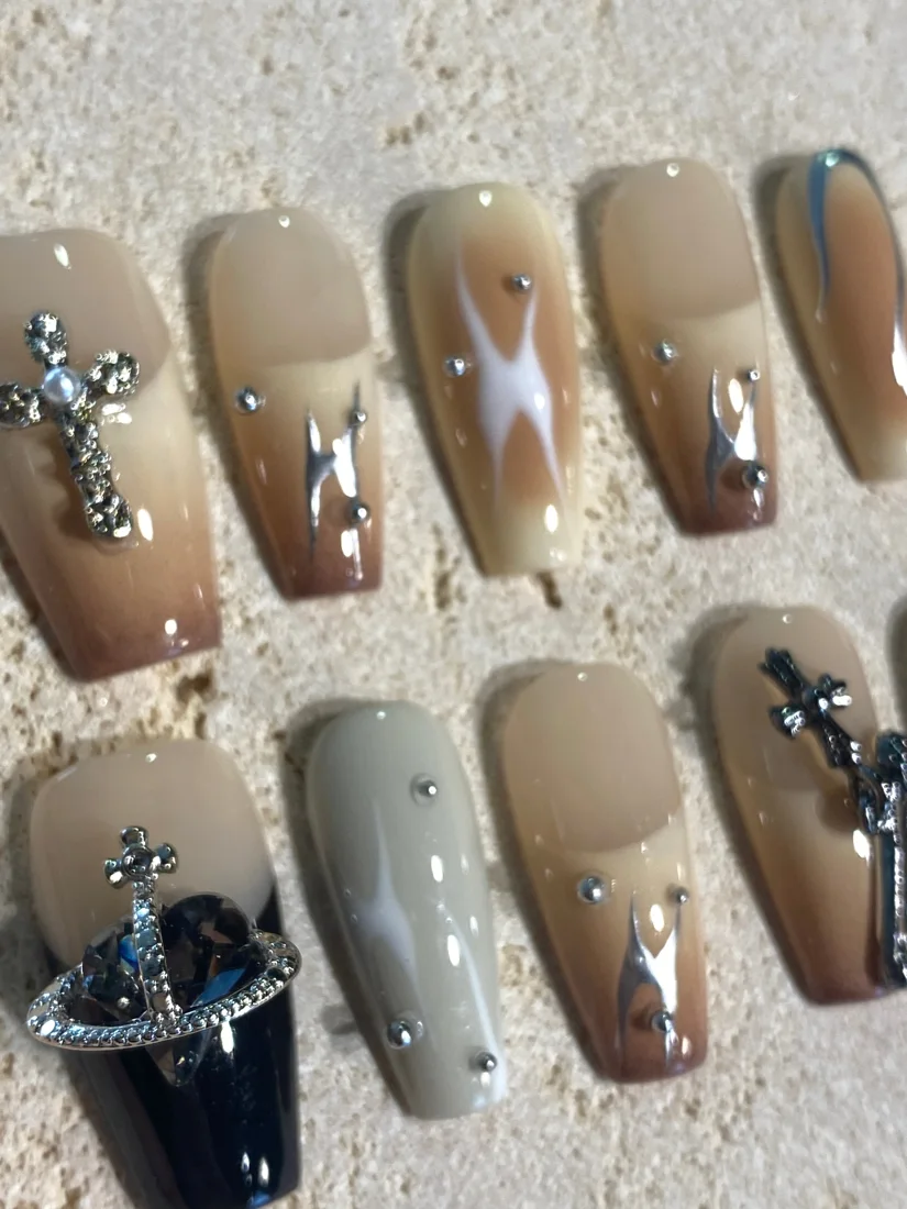 Y2k Beige Cross Press On Nails detail 3