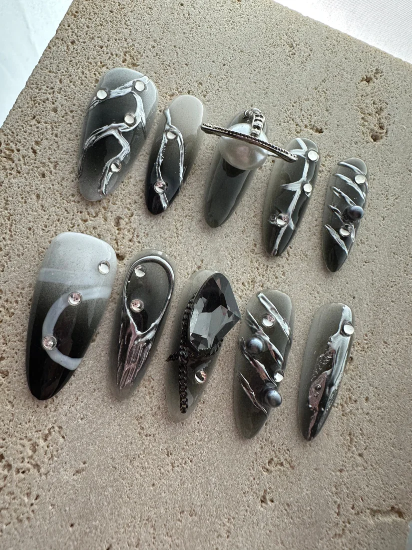 Y2K Silver Space Press On Nails detail 4