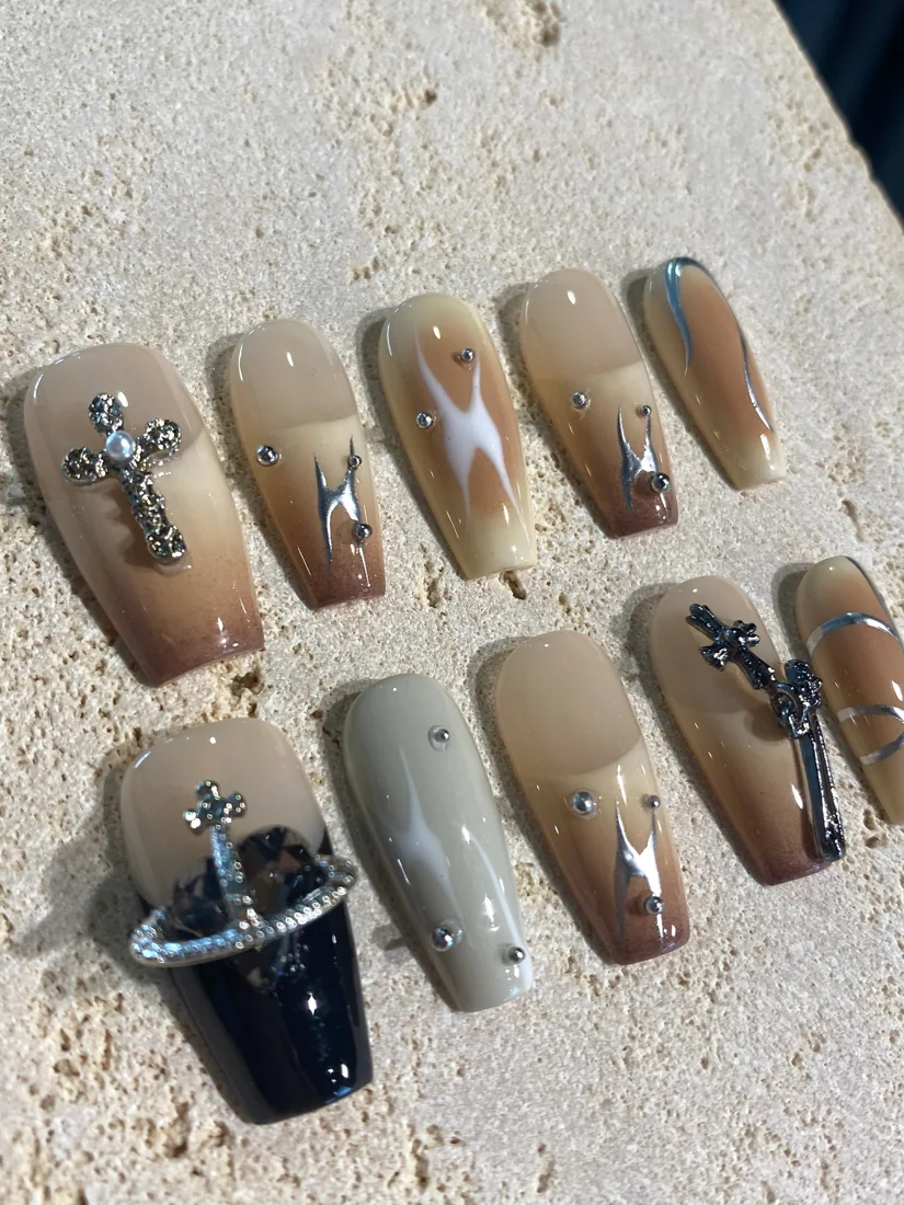 Y2k Beige Cross Press On Nails detail 2