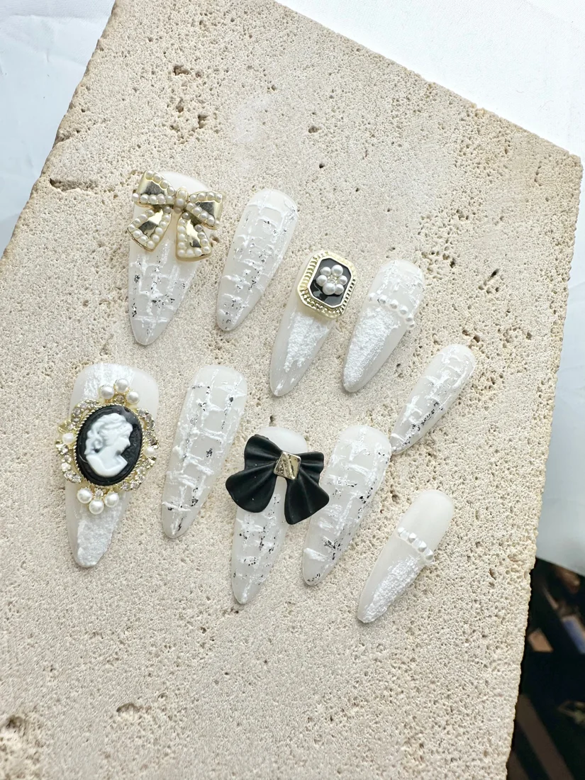 Royal Plaid Press On Nails — White detail 2
