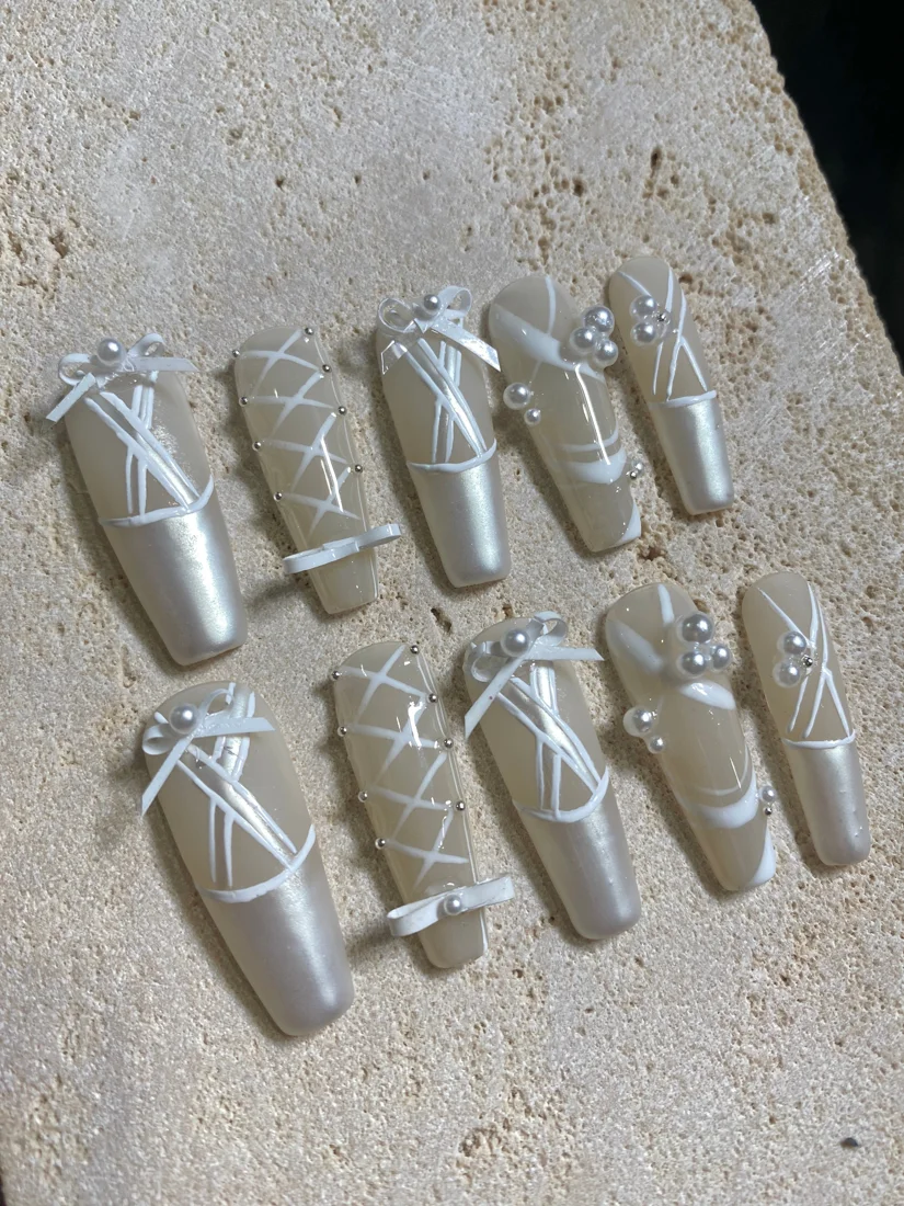 White Ballerina Press On Nails detail 3