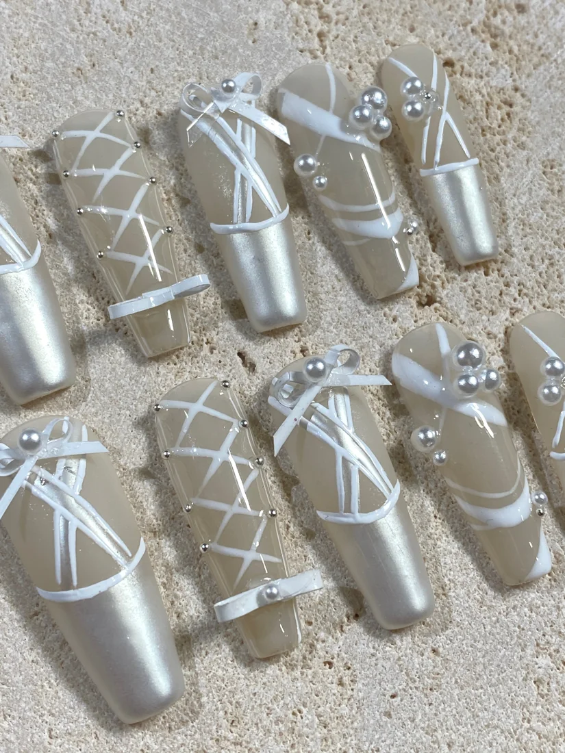 White Ballerina Press On Nails detail 2