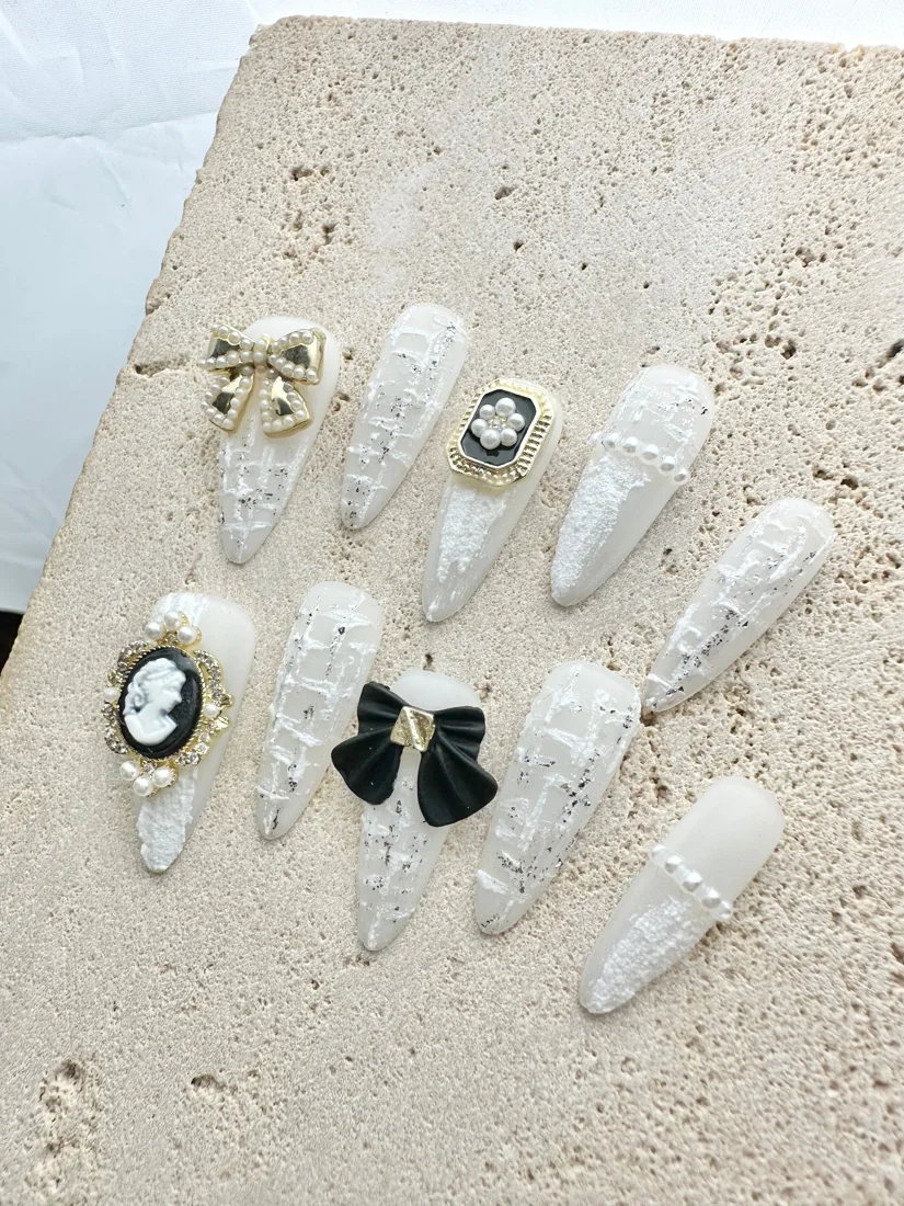 Royal Plaid Press On Nails — White detail 3